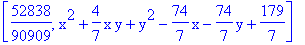 [52838/90909, x^2+4/7*x*y+y^2-74/7*x-74/7*y+179/7]